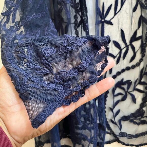 Nina Leonard Floral Embroidered Mesh 3/4 Sleeves Open Duster Cardigan Large - Picture 8 of 9